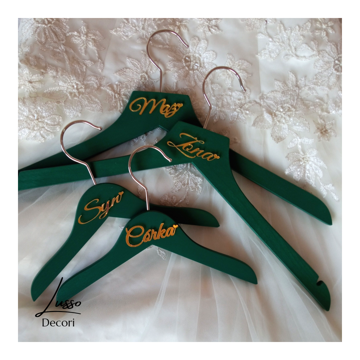 zestaw wieszaków ślubnych 3w1 mąż żona butelkowa zieleń
