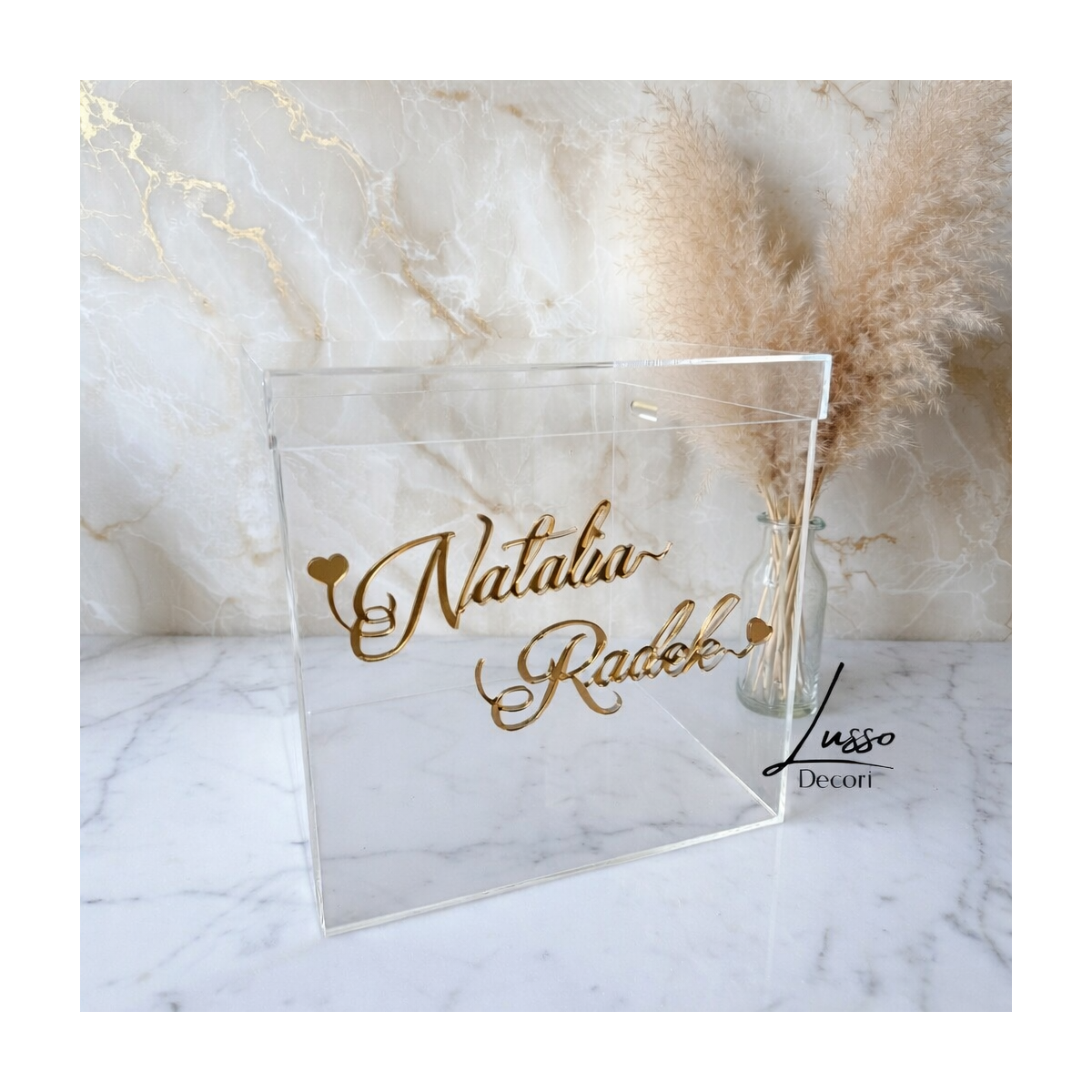 Akrylowe przeźroczyste pudełko na koperty z imionami
