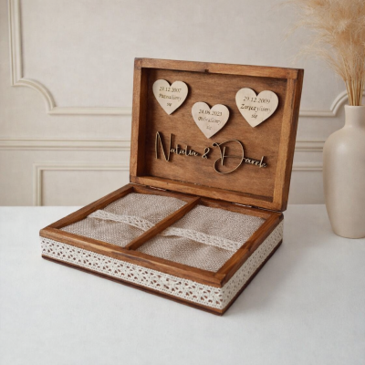 Rustykalne pudełko na obrączki z personalizacją i koronką