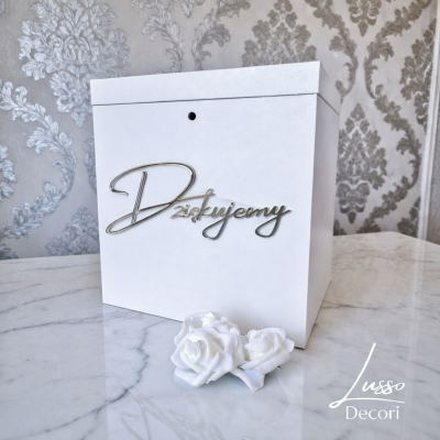 Drewniane pudełko na koperty w minimalistycznym stylu z napisem lustrzanym Dziękujemy