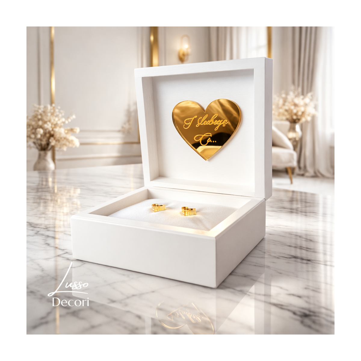 Drewniane pudełko na obrączki z napisem I ślubuję Ci w środku