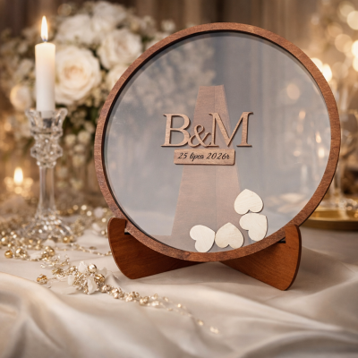 Rustykalna okrągła księga gości  z sercami jako nietypowa atrakcja na przyjęcie