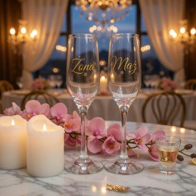 Kieliszki do szampana z napisem mąż żona na przyjęcie weselne