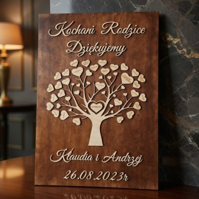 Elegancki obraz w kształcie drzewka z podziękowaniami dla rodziców na ślub