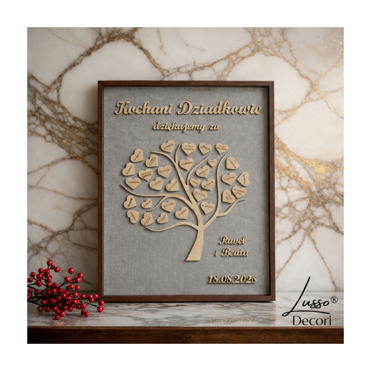 Podziękowanie ślubne dla dziadków. Obraz drzewka w ramie