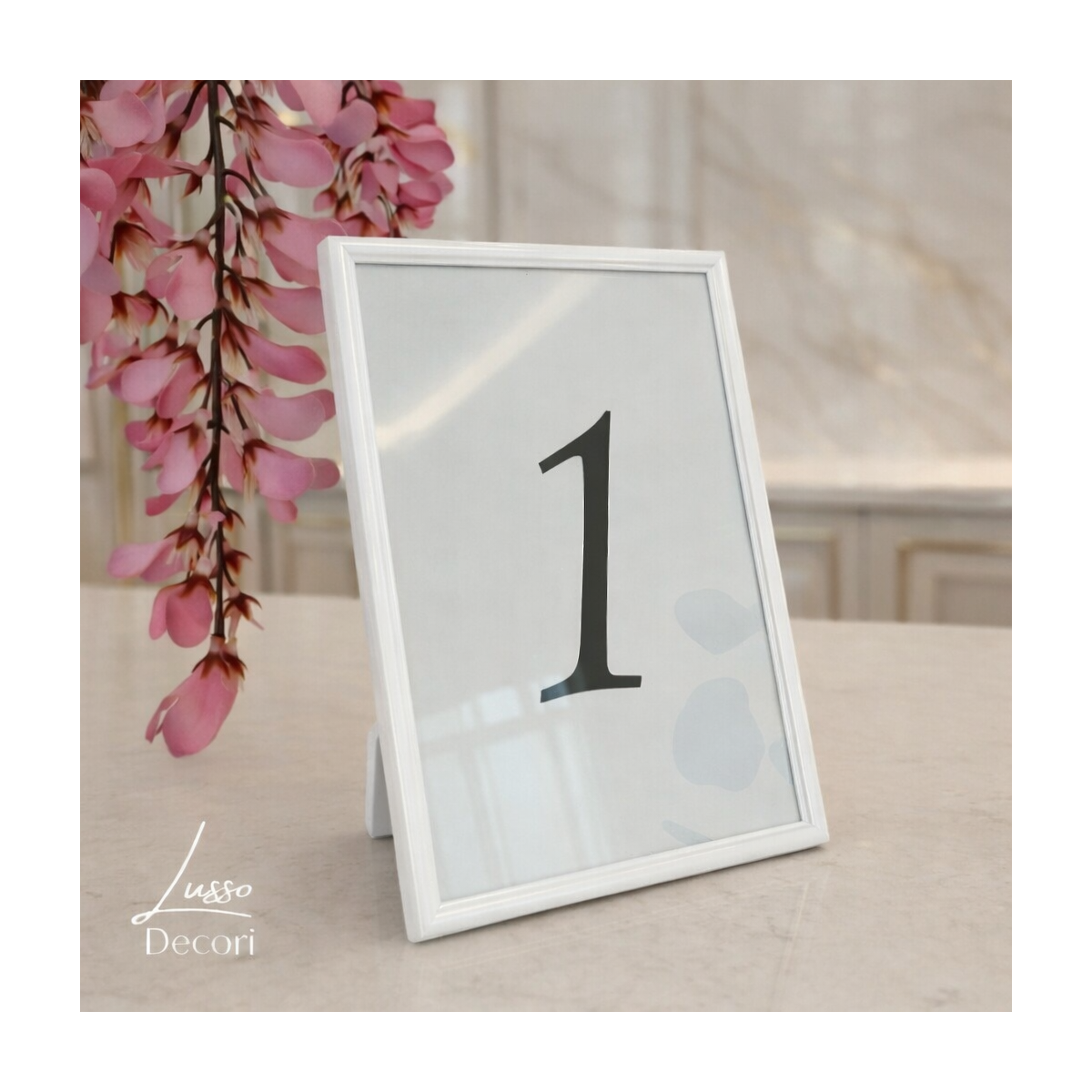 numer na stół weselny w białej ramce