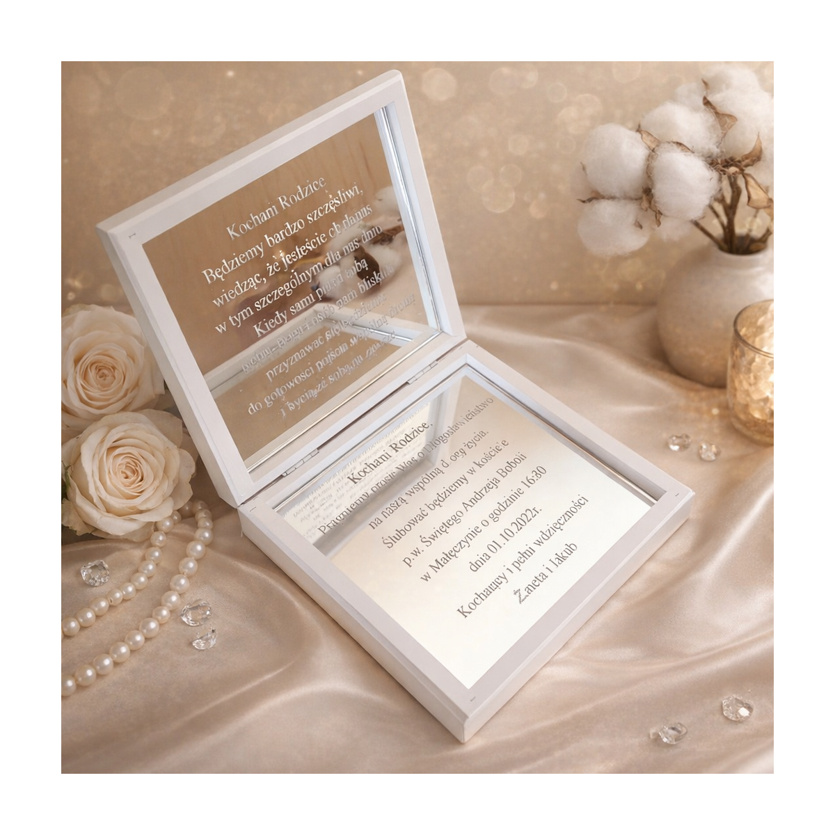 Prośba i zaproszenie dla rodziców na ślub w drewnianym pudełku