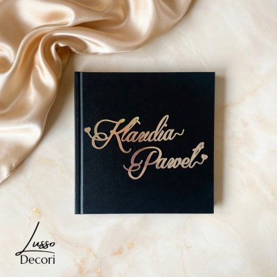 Czarna kwadratowa księga gości na przyjęcie weselne w stylu glamour ze srebrnym lustrzanym napisem