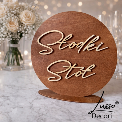 Drewniana okrągła tabliczka informacyjna z napisem słodki stół na przyjęcie ślubne, baby shower, wieczór panieński