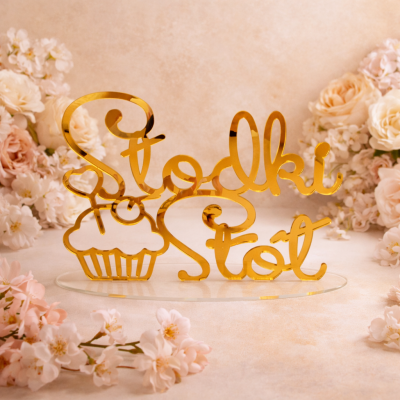 Lustrzany napis Słodki stół w stylu galmour na przyjęcie weselne