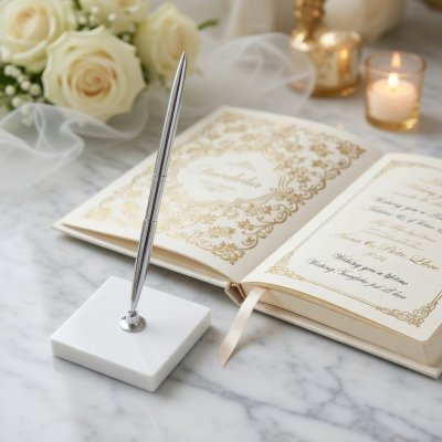 Srebrny długopis ze stojaczkiem do księgi gości na przyjęcie urodzinowe, weselne, chrzest , komunię