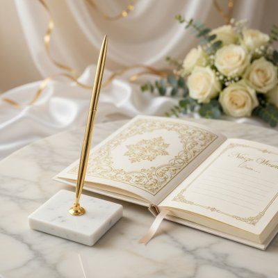 Stojaczek z długopisem złoty – dekoracja stołu weselnego