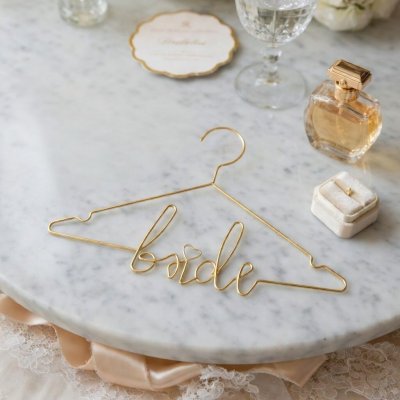 elegancki wieszak bride złoty do zdjęć przygotowań ślubnych