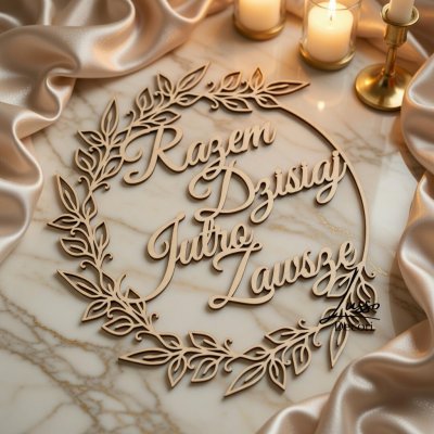 Drewniana obręcz dekoracyjna za państwem młodych z cytatem "Razem dzisiaj, jutro, zawsze"