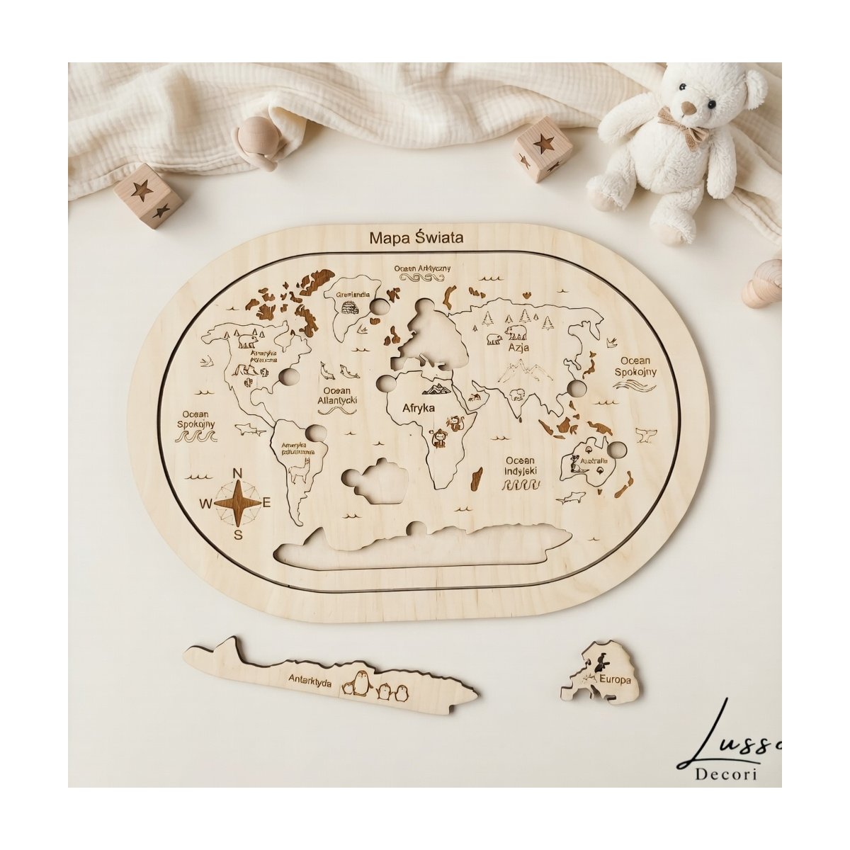 Drewniana układanka puzzle mapa świata dla dzieci Montessori