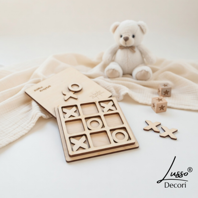 Drewniana układanka kółko krzyżyk atrakcja dla dzieci w czasie przyjęcia weselnego