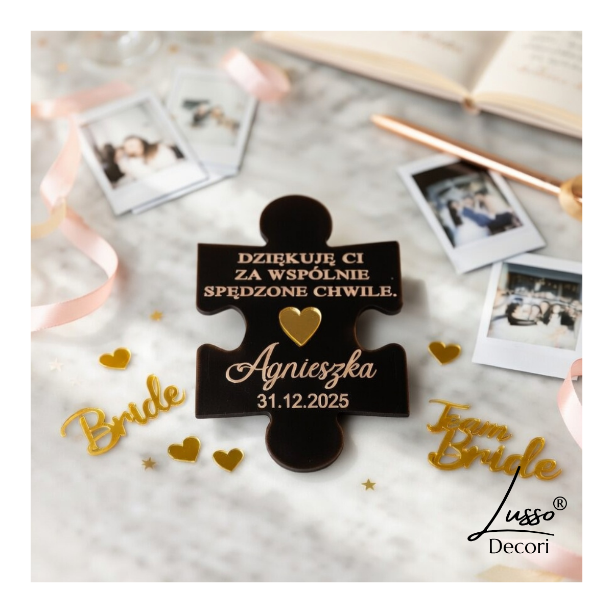 drewniany czarny magnes puzzel z grawerem podziękowanie dla uczestniczek wieczoru panieńskiego pamiątka prezent