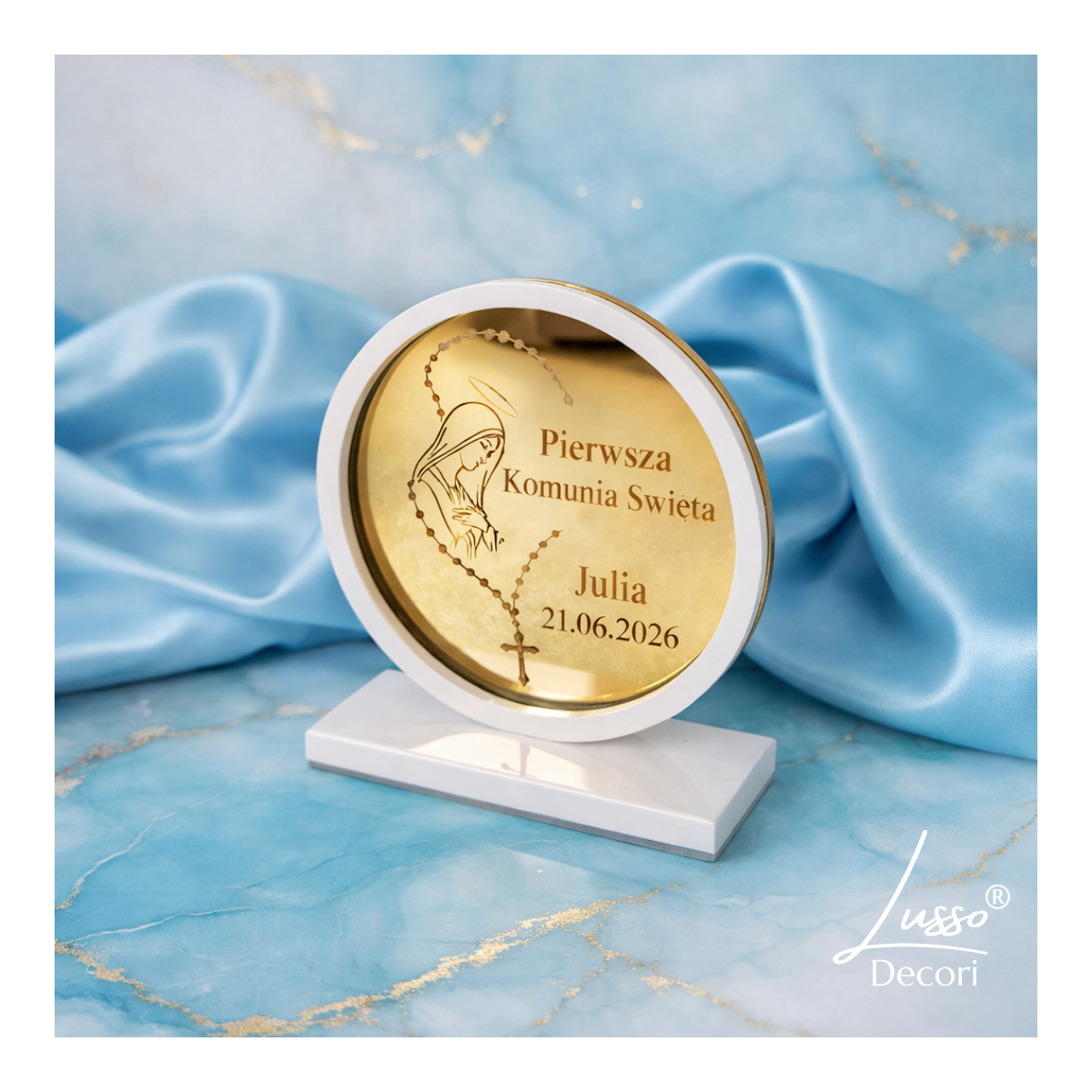 Statuetka biało-złota - podziękowanie dla gości na komunię dla dziadków lub chrzestnych