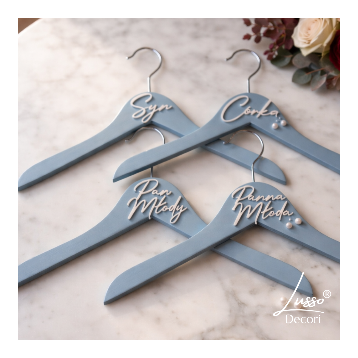 zestaw wieszaków ślubnych baby blue panna młoda córka perełki plexi