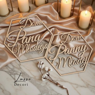 Drewniana obręcz heksagon Dom Pana Młodego dekoracja ślubna boho