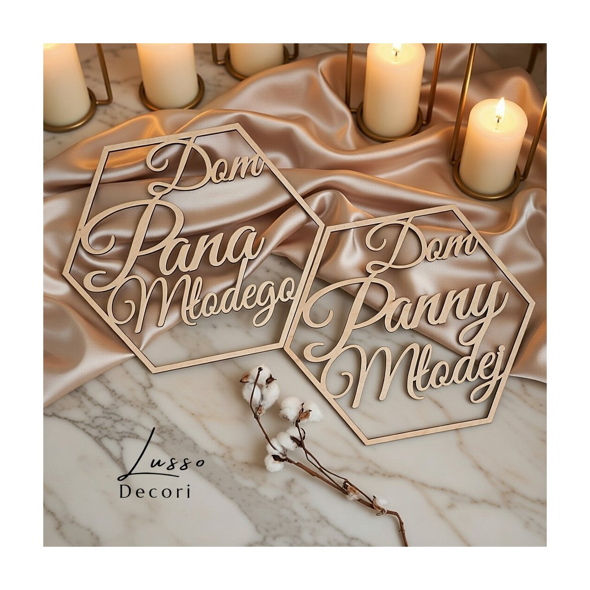 Drewniana obręcz heksagon Dom Pana Młodego dekoracja ślubna boho