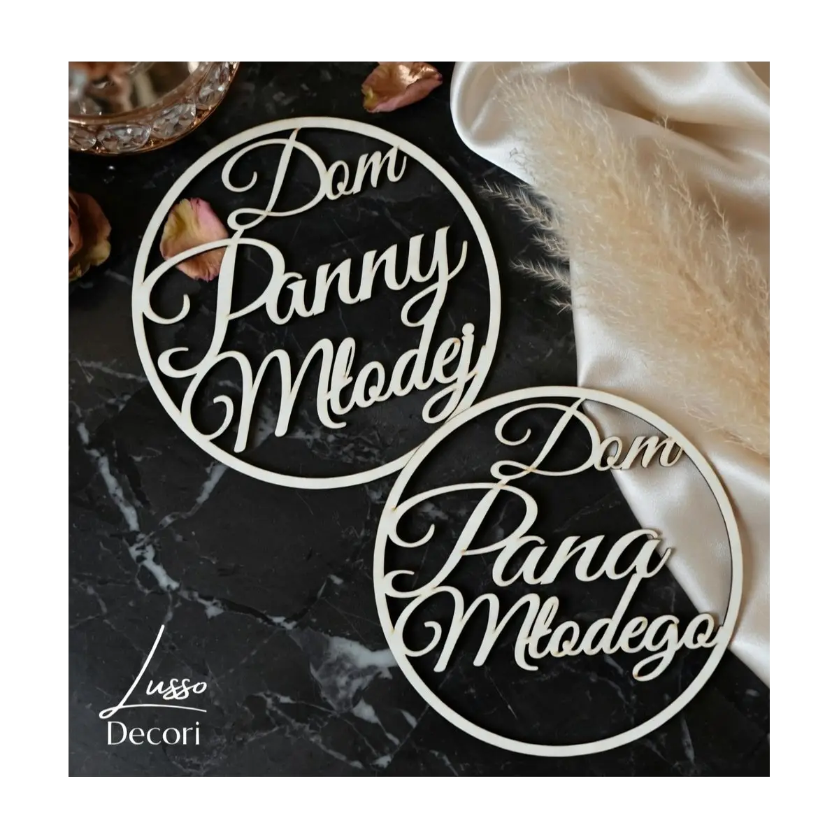 Drewniana obręcz ślubna Dom Panny Młodej okrągła dekoracja drzwi