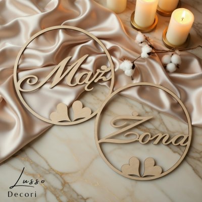 Obręcz ślubna Mąż Żona z serduszkiem drewniana dekoracja weselna