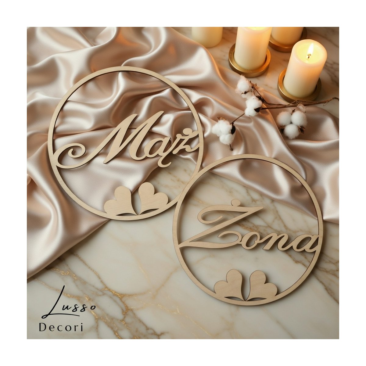Obręcz ślubna Mąż Żona z serduszkiem drewniana dekoracja weselna