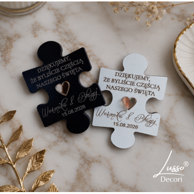 Personalizowane podziękowanie na ślub magnes puzzle biało czarne glamour