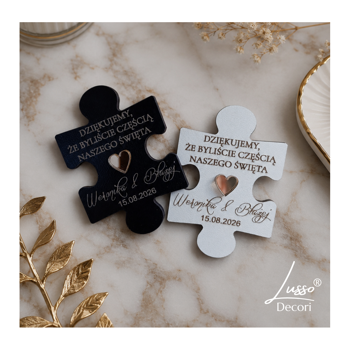 Personalizowane podziękowanie na ślub magnes puzzle biało czarne glamour