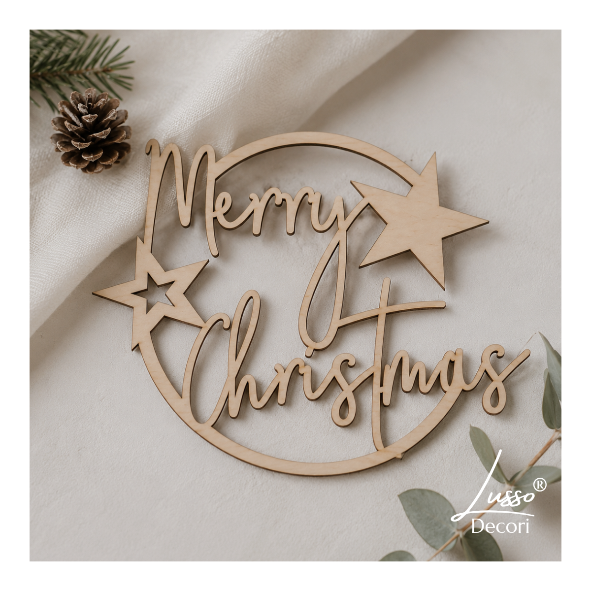 Drewniana obręcz Merry Christmas w naturalnym kolorze – baza do stroika świątecznego