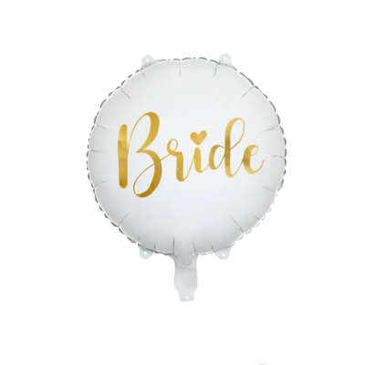 Biały balon foliowy Bride 45 cm ze złotym napisem na wieczór panieński
