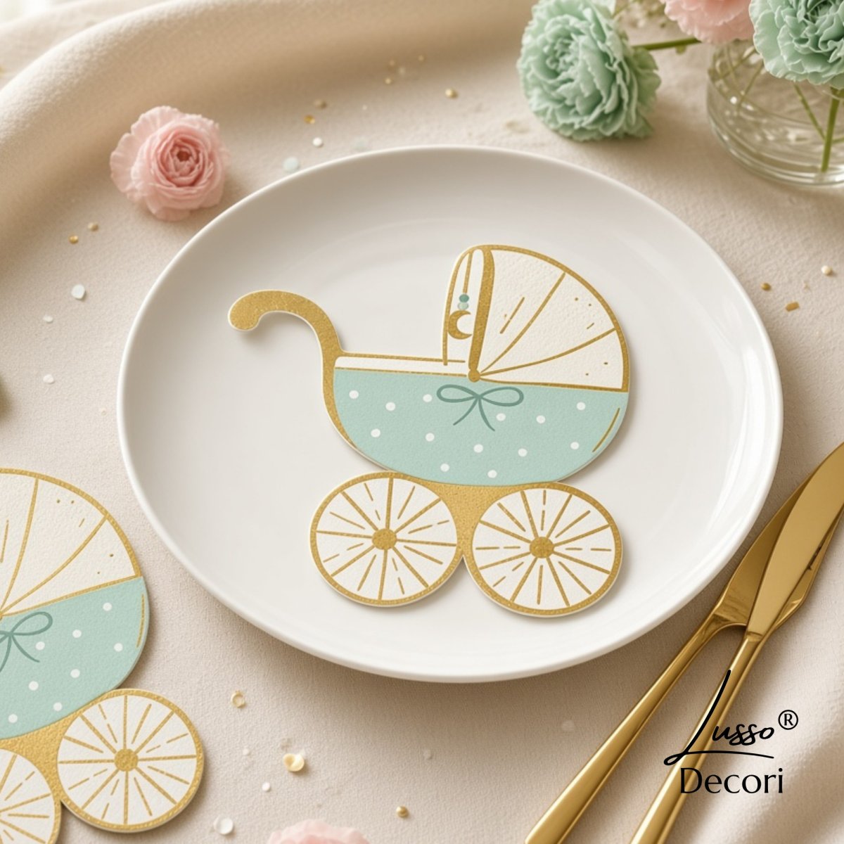 Błękitne serwetki w kształcie wózeczka 14 × 15 cm – 20 sztuk na przyjęcie baby shower