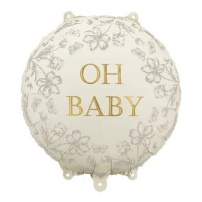 Beżowy balon foliowy Oh Baby 35 × 35 cm ze złotym napisem na Baby Shower